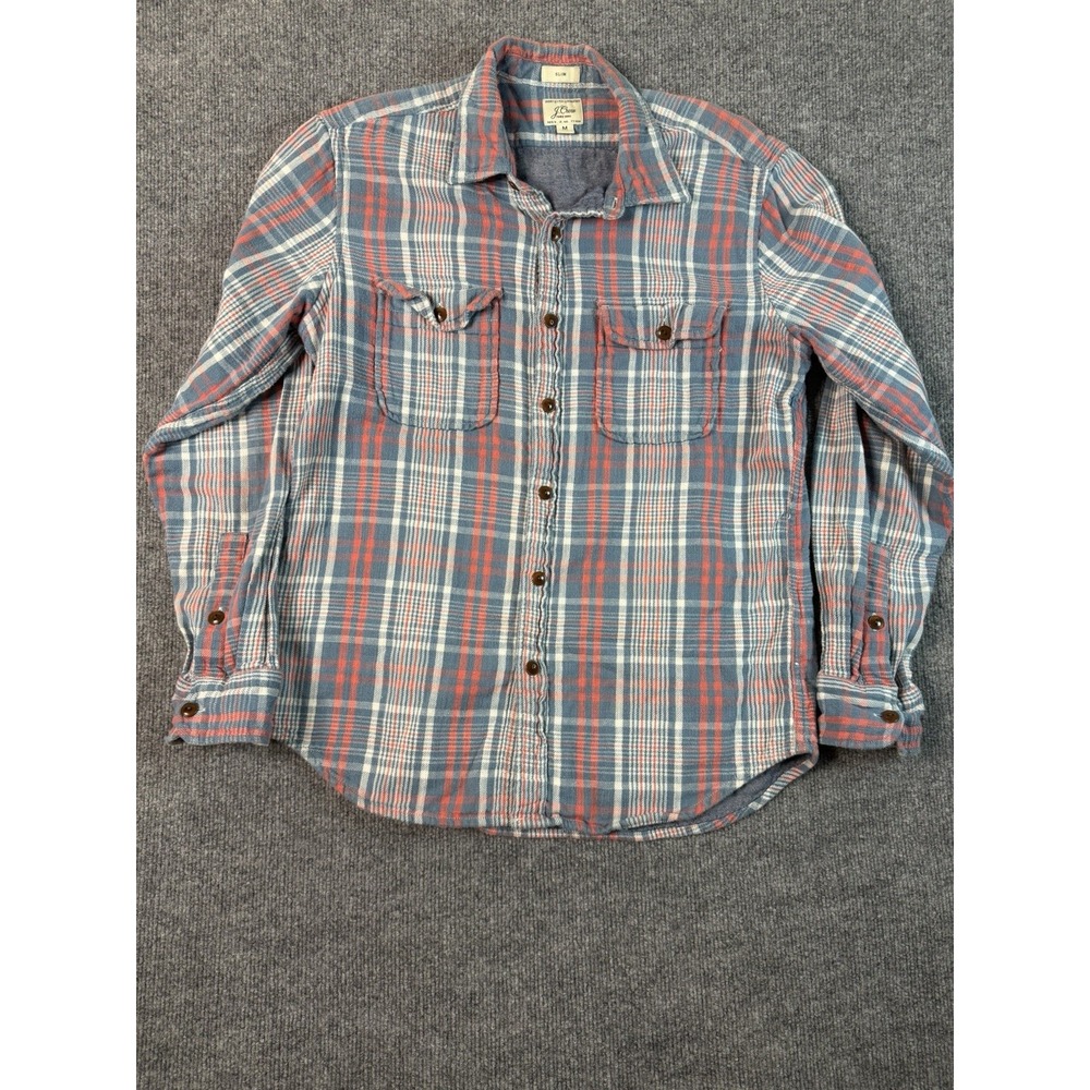 J.Crew‎ Men's Slim Fit Plaid shirt M Long sleeve button up blue Soft Cotton